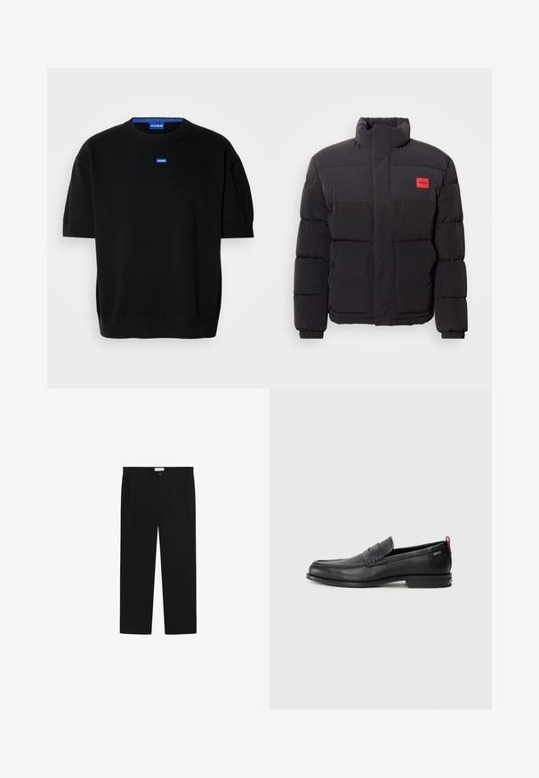 Černá puffa bunda s vysokým límcem, předními kapsami a červeným logem "HUGO" na levém hrudníku.; Černý krátký rukáv svetr vyrobený z měkkého pleteného materiálu, se zakulaceným výstřihem a malým modrým logem "HUGO" na hrudi.; Černé kalhoty s rovným střihem, předními kapsami a zapínáním na knoflík. Vyrobeny z hladkého materiálu s lesklým povrchem.; Černé kožené mokasíny s texturovaným předním panelem a hladkými stranami. Mají štíhlý podpatek a zadní poutko pro snadné obouvání. Klasický design.