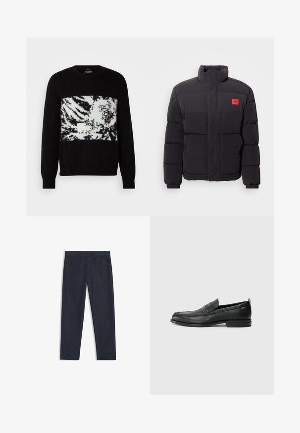 Black puffer jacket with high collar, front pockets, and red "HUGO" logo patch on left chest.; Black sweater with a white, abstract zebra pattern across the chest. Made of soft material with ribbed cuffs and rounded neckline.; Dark blue denim jeans with a straight-leg design, five pockets, subtle stitching, and a red brand tag on the waistband.; Black leather loafers with a textured front panel and smooth sides. Features a slim heel and rear loop for easy wear. Classic design.