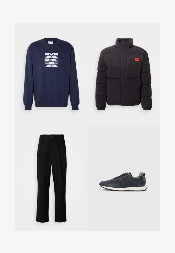 Black puffer jacket with high collar, front pockets, and red "HUGO" logo patch on left chest.; Navy blue sweatshirt made of cotton, featuring a large white graphic print on the front. Long sleeves with ribbed cuffs and hem.; Black straight-leg trousers with a buttoned waistband, belt loops, and front crease, displayed against a plain white background.; Navy blue sneakers with a smooth synthetic upper, rounded toe, gray accents, lace-up design, and a white midsole with a textured black outsole.