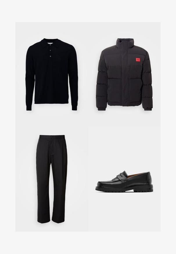 Černá puffa bunda s vysokým límcem, předními kapsami a červeným logem "HUGO" na levém hrudníku.; Pánská polokošile s dlouhým rukávem v tmavě námořnické barvě, vyrobená z jemného pleteného materiálu. Obsahuje límeček, zapínání na tři knoflíky a žebrované manžety.; Černé kalhoty s rovnými nohavicemi, vyrobené z lehké tkaniny. Mají přední zapínání na knoflík a dvě boční kapsy; hladká textura.; Černé kožené mokasíny mají zvýšený šev, dvě dekorativní pásky na svršku a silnou strukturovanou podrážku pro lepší přilnavost.