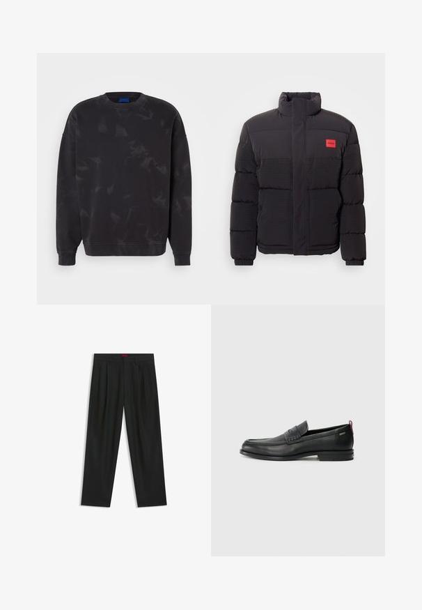 Giacca a vento nera con collo alto, tasche frontali e patch rosso con logo "HUGO" sul lato sinistro del petto.; Felpa nera con collo a giro, caratterizzata da un sottile motivo tie-dye, maniche lunghe e polsini e orlo a costine. Realizzata in tessuto morbido.; Pantaloni neri con un design plissè, forma a gamba larga e texture liscia. Presentano un'etichetta rossa in vita.; Mocassini in pelle nera con un pannello anteriore testurizzato e lati lisci. Presentano un tacco sottile e un anello sul retro per una vestibilità facile. Design classico.
