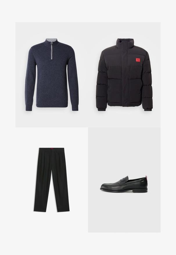 Black puffer jacket with high collar, front pockets, and red "HUGO" logo patch on left chest.; Navy half-zip sweater with a gray collar. Made from a textured fabric, featuring long sleeves and a fitted design.; Black trousers with a pleated design, wide leg shape, and a smooth texture. Features a red waistband tag.; Black leather loafers with a textured front panel and smooth sides. Features a slim heel and rear loop for easy wear. Classic design.