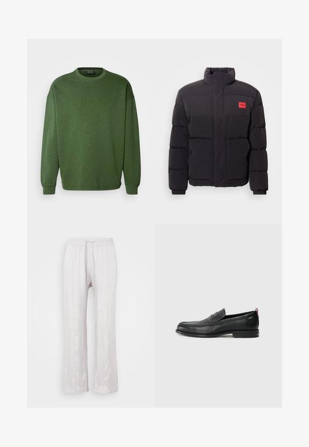 Juodas pūkuotas švarkas su aukštu klausimu, priekinėmis kišenėmis ir raudona "HUGO" logotipo etiketė kairėje krūtinės pusėje.; Žalias džemperis su apvalia iškirpte, laisvu siluetu ir ilgomis rankovėmis. Pagamintas iš tekstūruoto audinio su gumbinėmis rankovių ir apačios detalėmis.; Šviesiai pilki, laisvi kelnės iš lygaus audinio su elastine juosta ir raišteliu. Tiesios kojos su nedidelėmis raukšlėmis, be matomų raštų.; Juodi odiniai loafersai su tekstūruotu priekinės dalies panele ir lygiomis šoninėmis dalimis. Yra plonas kulnas ir užpakalinė kilpa patogiam užsidėjimui. Klasikinis dizainas.