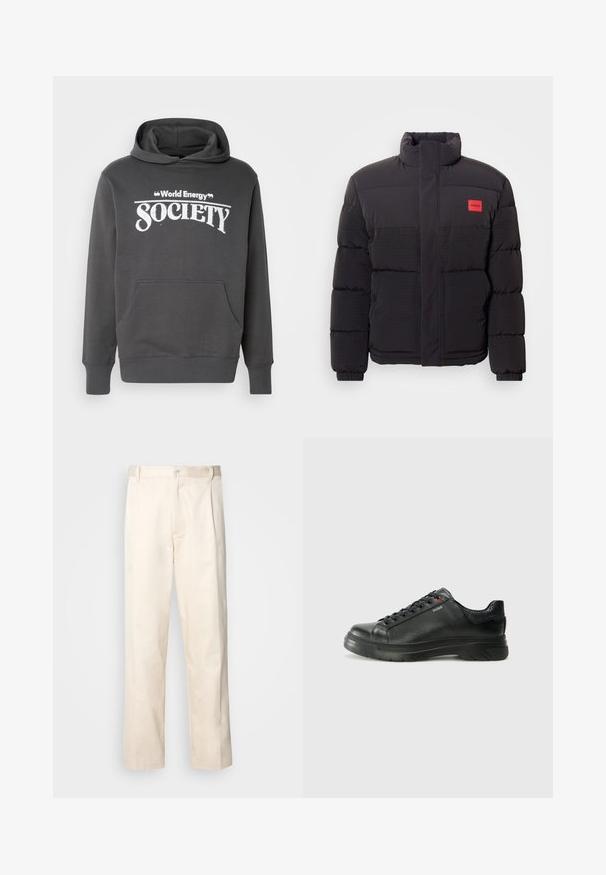 Casaco puffer preto com gola alta, bolsos frontais e patch do logótipo "HUGO" vermelho no lado esquerdo do peito.; Sweatshirt cinza feito de material suave, com um bolso frontal, punhos canelados e "World Energy Society" impresso em letras brancas no peito.; Calças de algodão bege com corte reto, apresentando um fecho de botão e pregas na frente para um detalhe adicional.; Sapatilha preta em couro com parte superior texturizada, colarinho acolchoado e detalhe do logótipo vermelho. Apresenta uma sola de borracha espessa com padrão de pisada distinto.