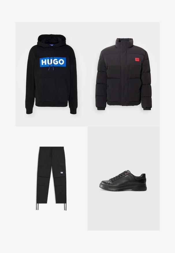 Czarna kurtka puchowa z wysokim kołnierzem, przednimi kieszeniami i czerwoną naszywką z logo "HUGO" na lewej piersi.; Czarna bluza z kapturem z niebieskim prostokątnym logo z białym napisem "HUGO", regulowane sznurki, oraz kieszeń z przodu. Miękka tkanina, luźny krój.; Czarne spodnie cargo z regulowanym pasem, wieloma kieszeniami, elastycznymi mankietami i subtelną naszywką z logo. Wykonane z lekkiego materiału.; Czarne skórzane sneakersy z teksturowaną cholewką, miękkim kołnierzem i czerwonym logo. Posiadają grubą gumową podeszwę z wyraźnym wzorem bieżnika.
