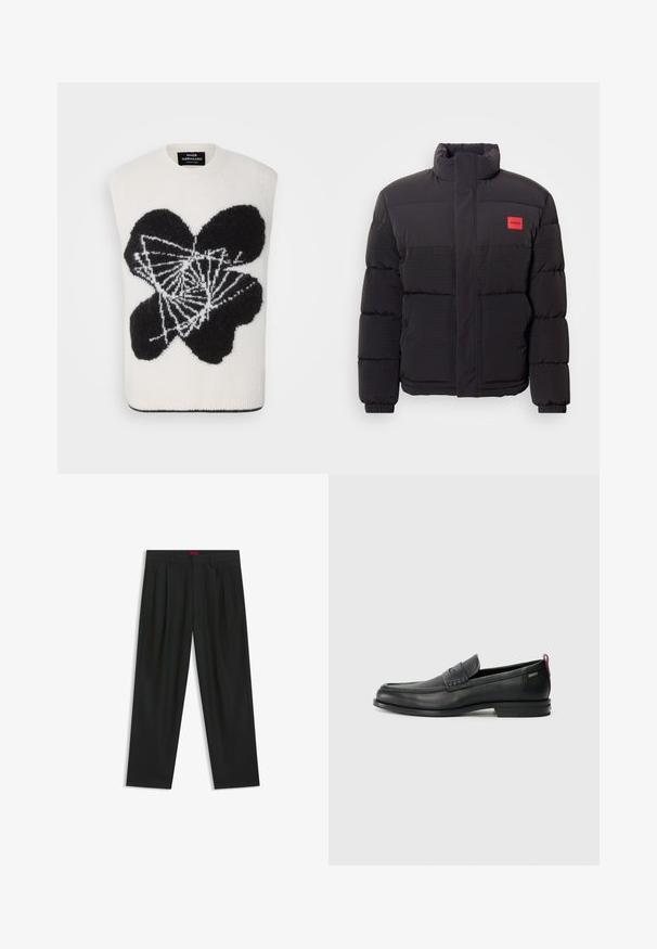 Black puffer jacket with high collar, front pockets, and red "HUGO" logo patch on left chest.; Sleeveless sweater in cream with a black abstract flower design. Made of soft fabric, featuring a round neck and ribbed hem.; Black trousers with a pleated design, wide leg shape, and a smooth texture. Features a red waistband tag.; Black leather loafers with a textured front panel and smooth sides. Features a slim heel and rear loop for easy wear. Classic design.