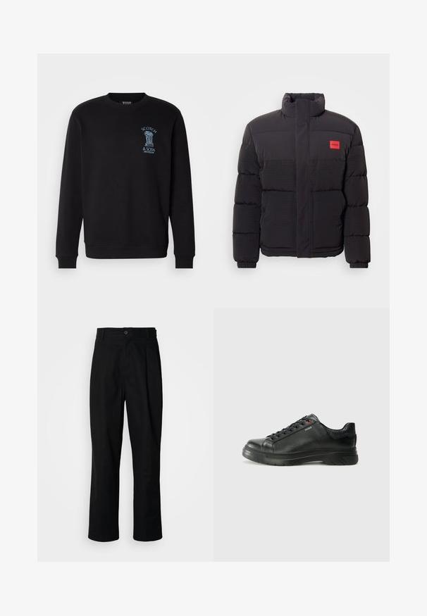 Giacca a vento nera con collo alto, tasche frontali e patch rosso con logo "HUGO" sul lato sinistro del petto.; Felpa nera con maniche lunghe, polsini a coste e colletto a girocollo. Presenta un logo grafico blu sul petto con elementi decorativi.; Pantaloni neri a gamba dritta con vita con bottoni, passanti per cintura e piega frontale, esposti su uno sfondo bianco semplice.; Sneaker nera in pelle con superficie testurizzata, collo imbottito e dettaglio logo rosso. Presenta una suola in gomma spessa con un motivo di battistrada distintivo.