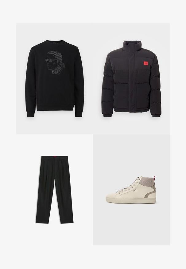 Black puffer jacket with high collar, front pockets, and red "HUGO" logo patch on left chest.; Black sweatshirt with a round neckline and long sleeves. Features a geometric black and gray portrait design on the front.; Black trousers with a pleated design, wide leg shape, and a smooth texture. Features a red waistband tag.; Beige high-top sneaker with light brown mesh collar, cushioned heel tab, lace-up front, and "HUGO" logo on the side.