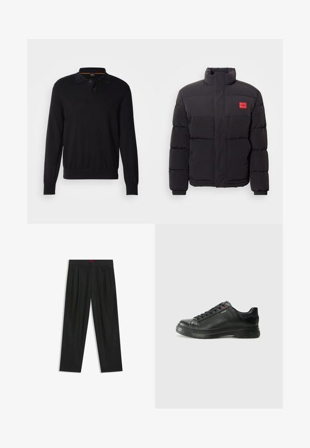 Schwarze Pufferjacke mit hohem Kragen, Fronttaschen und rotem "HUGO"-Logopatch auf der linken Brust.; Schwarzes Langarm-Polo mit Kragen, das zwei Knöpfe, gerippte Bündchen und ein dezentes Logo auf der Brust aufweist. Weicher, gestrickter Stoff.; Schwarze Hose mit einem gefältelten Design, weiter Beinform und glatter Textur. Verfügt über ein rotes Taillenlabel.; Schwarze Leder-Sneaker mit strukturiertem Obermaterial, gepolstertem Kragen und rotem Logo-Detail. Verfügt über eine dicke Gummisohle mit markantem Profil.