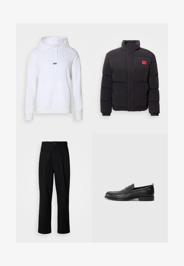 Fekete puffermellény magas gallérral, elülső zsebekkel és piros "HUGO" logóval a bal mellrészen.; Fehér kapucnis pulóver puha pamutból. Elöl zseb, húzózsinór, és kék "HUGO" logó található a mellkasán. Hosszú ujjú.; Fekete egyenes szabású nadrág gombos derékkal, övrutakkal és elülső gyűrődéssel, egy sima fehér háttér előtt.; Fekete bőrcipők, texturált elülső részel és sima oldalakkal. Karcsú sarokkal és hátsó hurkkal könnyű felvételhez. Klasszikus dizájn.