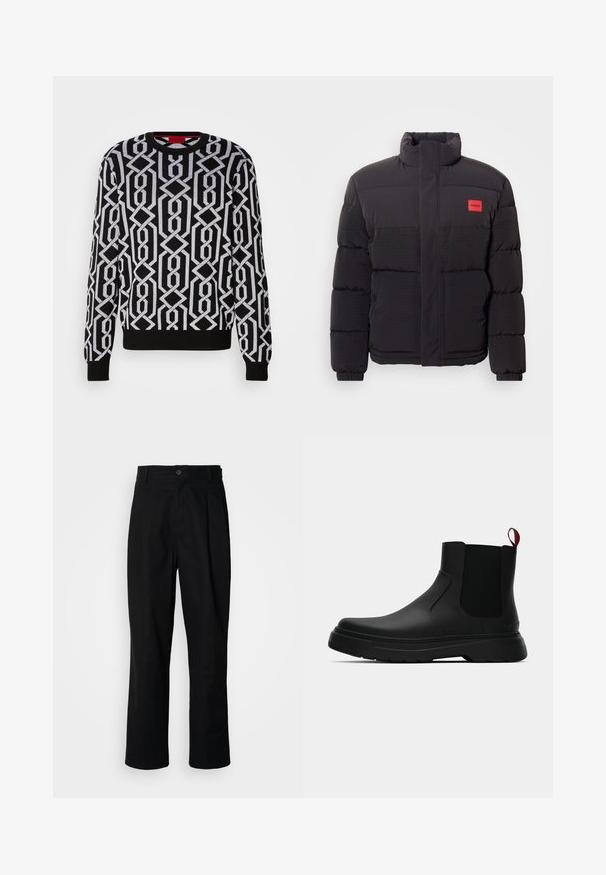 Schwarze Pufferjacke mit hohem Kragen, Fronttaschen und rotem "HUGO"-Logopatch auf der linken Brust.; Schwarzer Pullover mit einem geometrischen weißen Muster, Rundkragen, langen Ärmeln und gerippten Bündchen und Saum. Hergestellt aus einem Strickmaterial.; Schwarze gerade geschnittene Hosen mit einem Knopfverschluss, Gürtelschlaufen und Vorderfalten, vor einem schlichten weißen Hintergrund präsentiert.; Schwarze Knöchelstiefel mit glatter Oberfläche, elastischen Seitenpaneelen und einem kontrastierenden roten Zuglasche, ausgestattet mit einer dicken Gummisohle und einer runden Zehenpartie.