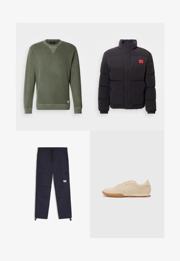 Sort puffjakke med højt krave, forlommer og rød "HUGO" logo patch på venstre bryst.; Grøn sweatshirt lavet af tekstureret stof, med rund halsudskæring, lange ærmer og et lille mærke nederst til venstre.; Marine cargo bukser lavet af letvægtsstof, med elastisk talje, snøre, flere lommer og lynlåse ved anklerne.; Beige ruskinds sneakers med et strømlinet design, der har et struktureret overdel, rund tå og en gummisål med et zigzag-mønster.