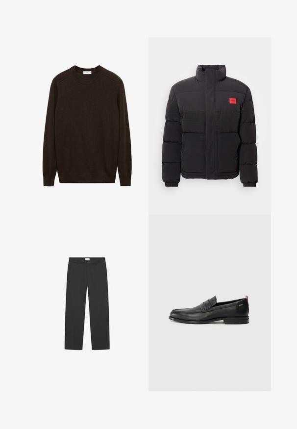 Czarna kurtka puchowa z wysokim kołnierzem, przednimi kieszeniami i czerwoną naszywką z logo "HUGO" na lewej piersi.; Brązowy sweter dzianinowy z okrągłym dekoltem, ściągaczami na mankietach i u dołu. Posiada teksturowane wykończenie oraz rękawy raglanowe, co zapewnia luźny krój.; Czarne spodnie wykonane z lekkiego materiału. Posiadają prosty krój, płaski przód, kieszenie boczne oraz dyskretną talię.; Czarne skórzane mokasyny z teksturowanym frontem i gładkimi bokami. Posiadają smukłą podeszwę i tylną pętelkę dla łatwego zakładania. Klasyczny design.
