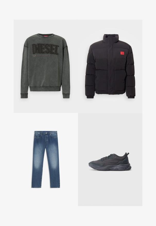 Casaco puffer preto com gola alta, bolsos frontais e patch do logótipo "HUGO" vermelho no lado esquerdo do peito.; Sweatshirt de manga longa cinza carvão com punhos e barra canelados, apresentando um grande texto preto "DIESEL" e abaixo, em menor tamanho, "For Successful Living".; Calças de ganga com padrão risca de giz, na cor azul média, com zonas desbotadas, corte reto, cinco bolsos e fecho de botão metálico.; Sapatos atléticos pretos com um cabedal em malha e sintético, apresentando um bico arredondado, sola texturizada e um logótipo da marca em destaque no calcanhar.