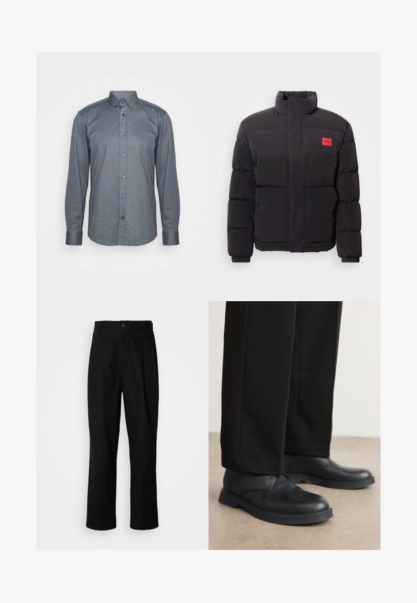 Zwarte pufferjack met hoge kraag, voorzakken en een rode "HUGO" logo patch op de linkerborst.; Donkergrijze overhemd met lange mouwen en knopen, voorzien van een kraag, knopen aan de voorkant en manchetten. Gladde stof met een getailleerd ontwerp.; Zwarte rechte broek met een knoopsluiting, lusjes voor een riem en een voornaad, gepresenteerd tegen een effen witte achtergrond.; Zwarte lederen schoenen met een ronde neus, platte zool en minimale details. Gecombineerd met stijlvolle zwarte broek, die een gladde textuur laat zien.