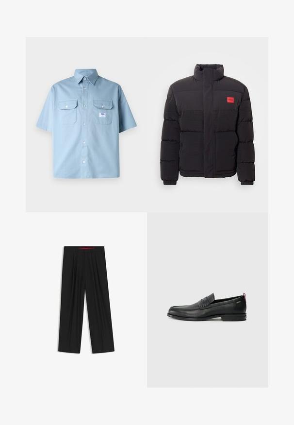 Giacca a vento nera con collo alto, tasche frontali e patch rosso con logo "HUGO" sul lato sinistro del petto.; Camicia azzurra a maniche corte realizzata in cotone, con colletto a punta, due tasche sul petto e una piccola etichetta con logo vicino alla tasca sinistra.; Pantaloni neri a gamba larga con fronte piatto, due tasche laterali, design plissettato e un elastico in vita di colore rosso a contrasto.; Mocassini in pelle nera con un pannello anteriore testurizzato e lati lisci. Presentano un tacco sottile e un anello sul retro per una vestibilità facile. Design classico.