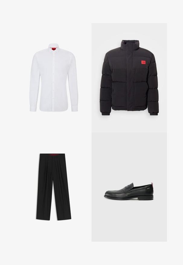 Black puffer jacket with high collar, front pockets, and red "HUGO" logo patch on left chest.; White long-sleeve shirt made of cotton with a button-up front, classic collar, and subtle texture, featuring a red logo on the inside collar.; Black wide-leg trousers with a flat front, two side pockets, pleated design, and a contrasting red interior waistband.; Black leather loafers with a textured front panel and smooth sides. Features a slim heel and rear loop for easy wear. Classic design.