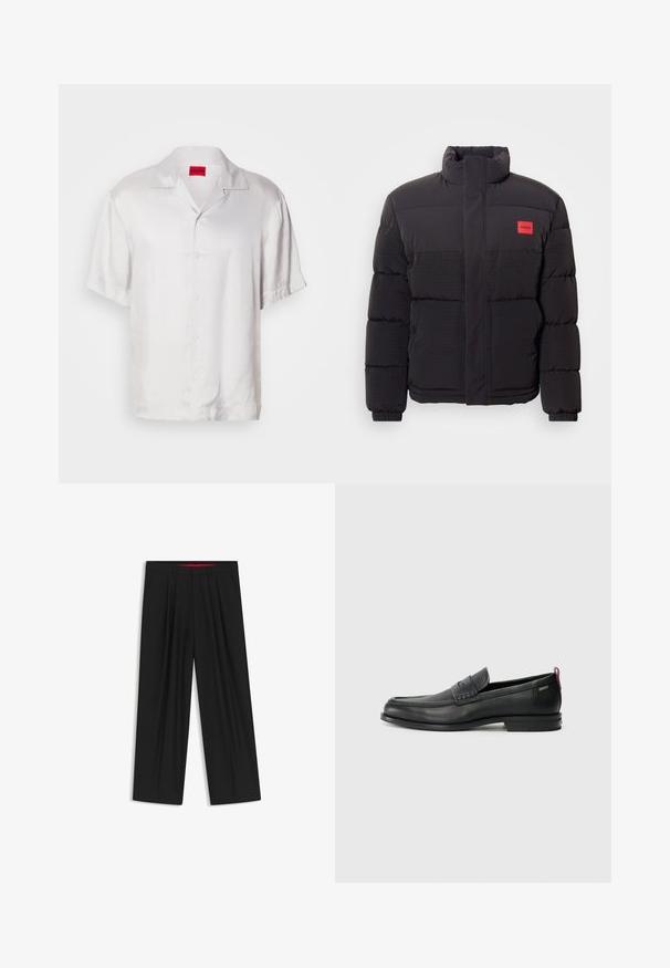 Schwarze Pufferjacke mit hohem Kragen, Fronttaschen und rotem "HUGO"-Logopatch auf der linken Brust.; Kurzärmeliges weißes Hemd aus glattem Stoff, mit Kragen, Knopfverschluss und lockerer Passform. Ein subtiler Glanz sorgt für visuelles Interesse.; Schwarze weit geschnittene Hosen mit flachem Bund, zwei seitlichen Taschen, gefaltetem Design und einem kontrastierenden roten Innenbund.; Schwarze Lederloafers mit einem strukturierten Vorderteil und glatten Seiten. Sie verfügen über einen schmalen Absatz und eine Schlaufe an der Rückseite für einfaches Anziehen. Klassisches Design.