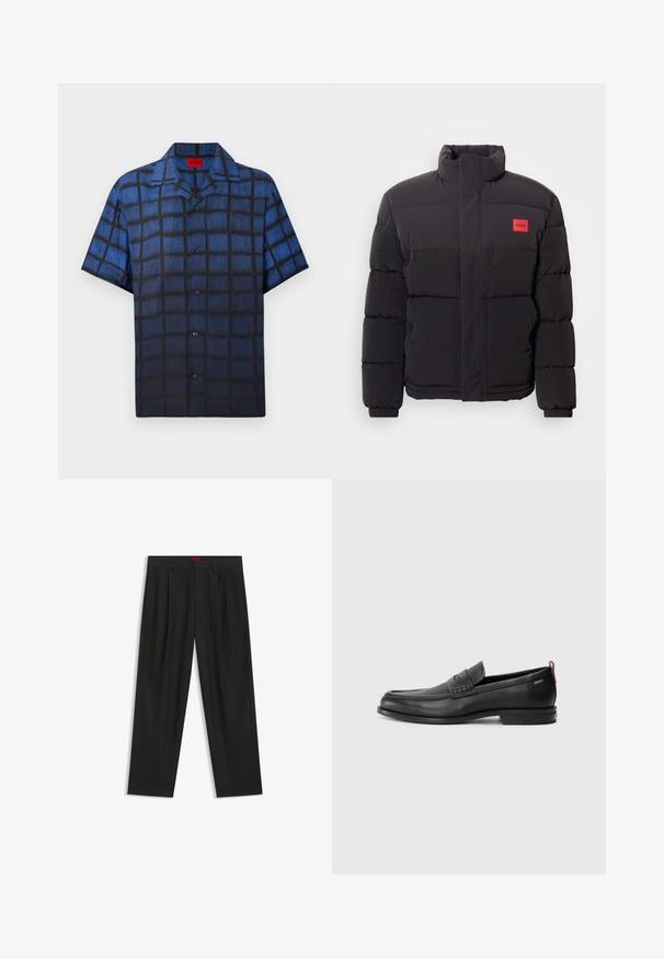 Czarna kurtka puchowa z wysokim kołnierzem, przednimi kieszeniami i czerwoną naszywką z logo "HUGO" na lewej piersi.; Męska koszula z krótkim rękawem, zapinana na guziki, w niebiesko-czarny, teksturowany wzór w kratę oraz z kołnierzykiem typu spread.; Czarne spodnie o plisowanym wzorze, szerokim kroju nogawek i gładkiej fakturze. Posiadają czerwony metek w pasie.; Czarne skórzane mokasyny z teksturowanym frontem i gładkimi bokami. Posiadają smukłą podeszwę i tylną pętelkę dla łatwego zakładania. Klasyczny design.