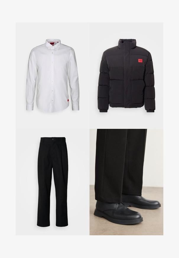 Must must, kõrge kraega, esikottidega ja vasakul rinnal punase "HUGO" logopatchiga.; Valge pikkade varrukatega särk, millel on nööbitav krae, valmistatud kergest kangast. Särgile on õmmeldud diskreetne punane brändi silt alumises servas.; Mustad sirged püksid nuppudega vöökoht, vöölõngad ja eesmine voldik, esitatud lihtsa valge tausta ees.; Mustad mustad nahast kingad ümarate varvastega, lame tallaga ja minimaalsete detailidega. Kombineeritud pritsitud mustade pükstega, mis näitavad siledat tekstuuri.