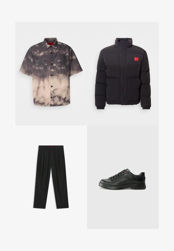 Musta untuvahattu, jossa on korkea kaulus, etutaskut ja punainen "HUGO" -logopatchi vasemmassa rinnassa.; HUGO ERATINO - Vapaa-ajan kauluspaita - medium brown; Mustat housut, joissa on poimutettu muotoilu, leveä lahjetyyppi ja sileä pinta. Varustettu punaisella vyötärötagilla.; Musta nahkakengät, joissa on teksturoidun pinnan, pehmustettu kaulus ja punainen logo. Kengissä on paksu kumipohja, jossa on selkeä uramalli.