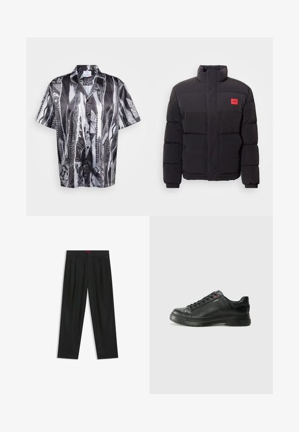 Musta untuvahattu, jossa on korkea kaulus, etutaskut ja punainen "HUGO" -logopatchi vasemmassa rinnassa.; Lyhythihainen nappipaita musta-valkoisella teksturoidulla käärmeennahkakuviolla, jossa on rento kaulus ja sileä kangaspinta.; Mustat housut, joissa on poimutettu muotoilu, leveä lahjetyyppi ja sileä pinta. Varustettu punaisella vyötärötagilla.; Musta nahkakengät, joissa on teksturoidun pinnan, pehmustettu kaulus ja punainen logo. Kengissä on paksu kumipohja, jossa on selkeä uramalli.