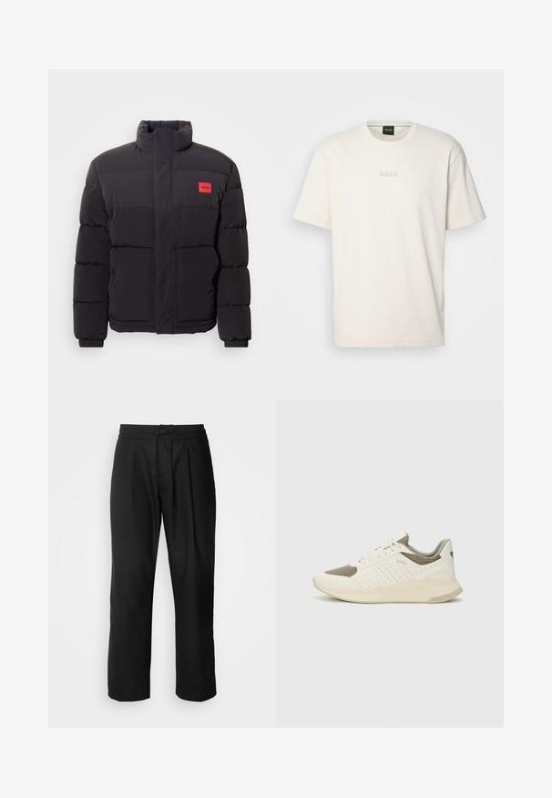 Must must, kõrge kraega, esikottidega ja vasakul rinnal punase "HUGO" logopatchiga.; BOSS TEE - Lihtne T-särk - open white; HUGO RAVI - Püksid - black; Valge ja heledat beeži värvi spordijalats, millel on õhuke võrkmaterjal, perforatsioonidega detailid ning tekstuuriga vahetald, millel on brändi logo kannaosas.