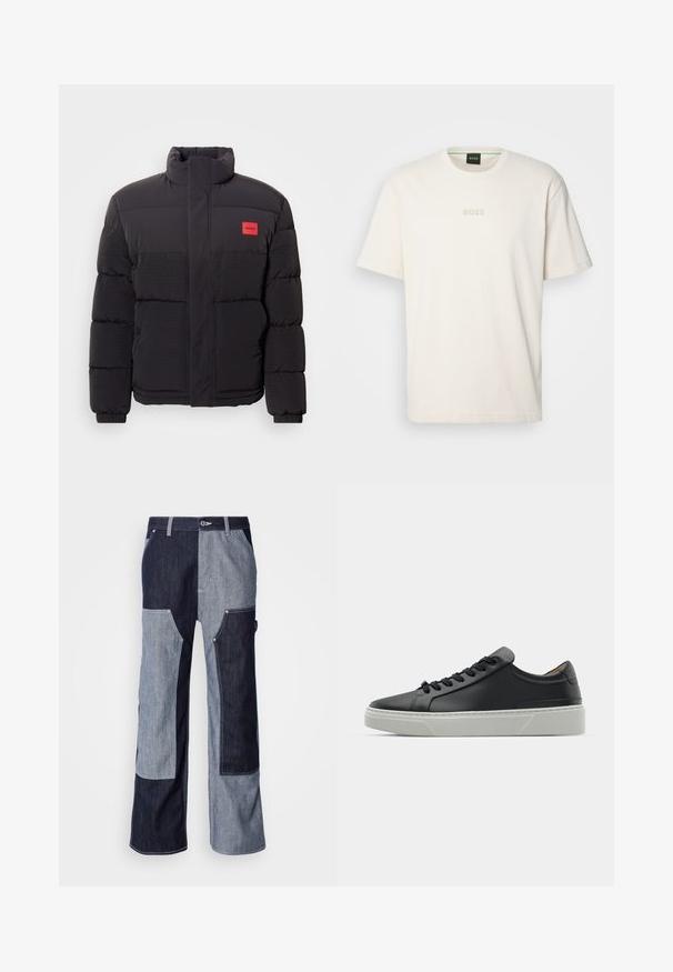 Black puffer jacket with high collar, front pockets, and red "HUGO" logo patch on left chest.; BOSS TEE - Basic T-shirt - open white; Denim pants featuring a patchwork design in various shades of dark and light blue, with contrast stitching and wide, straight legs.; Black leather sneaker with a smooth texture, round toe, and black laces. Features a thick, white rubber sole with subtle geometric accents.