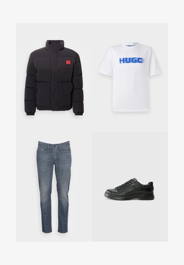 Casaco puffer preto com gola alta, bolsos frontais e patch do logótipo "HUGO" vermelho no lado esquerdo do peito.; T-shirt de algodão branco com decote redondo, apresentando um grande gráfico azul da palavra "HUGO" na parte frontal, com um efeito ligeiramente desfocado.; Denham RIDGE - Calças de ganga de perna direita - blue; Sapatilha preta em couro com parte superior texturizada, colarinho acolchoado e detalhe do logótipo vermelho. Apresenta uma sola de borracha espessa com padrão de pisada distinto.