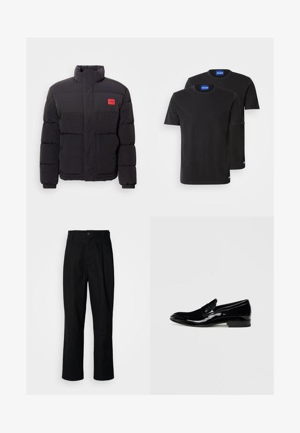 Zwarte pufferjack met hoge kraag, voorzakken en een rode "HUGO" logo patch op de linkerborst.; Twee zwarte katoenen T-shirts met ronde hals, korte mouwen en blauwe "HUGO" labels op de kragen en zijsplitten.; Zwarte rechte broek met een knoopsluiting, lusjes voor een riem en een voornaad, gepresenteerd tegen een effen witte achtergrond.; Zwarte lakleren instappers met een gladde afwerking, een ronde neus en een decoratieve band over de wreef. Lage blokhak.