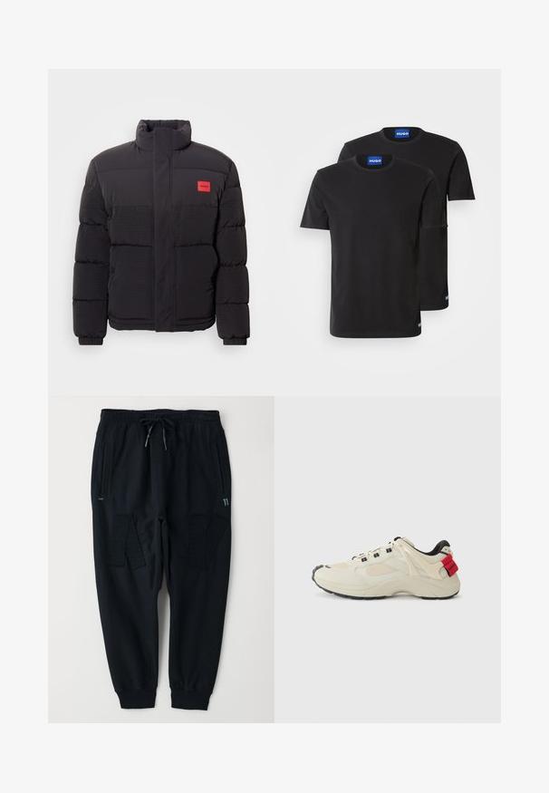Chaqueta acolchada negra con cuello alto, bolsillos frontales y parche rojo con el logo "HUGO" en el lado izquierdo del pecho.; Dos camisetas de algodón negras con cuellos redondos, mangas cortas y etiquetas azules "HUGO" en los cuellos y los dobladillos laterales.; Pantalones deportivos negros hechos de una mezcla de algodón. Cuenta con una cintura elástica con cordón, dos bolsillos laterales y acentos de panel texturizado.; Zapatilla beige con paneles de malla y cuero, suela de goma negra, diseño de cordones y un toque rojo en el talón que presenta la marca "Hugo".