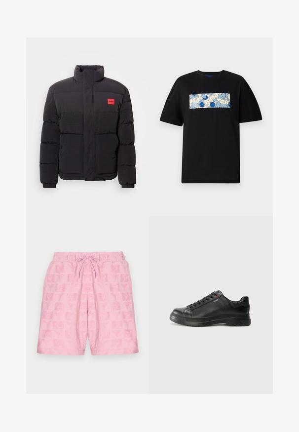 Zwarte pufferjack met hoge kraag, voorzakken en een rode "HUGO" logo patch op de linkerborst.; Zwarte katoenen t-shirt met een rechthoekige grafiek in blauw en crèmekleur met cirkelvormige patronen en krabbels, ontworpen voor een relaxte pasvorm.; Roze shorts met een elastische tailleband en trekkoord; heeft een gestructureerd patroon van logo's en symbolen over de stof.; Zwarte leren sneaker met een gestructureerde bovenkant, gevoerde kraag en rode logo-details. Heeft een dikke rubberen zool met een opvallend loopvlakpatroon.