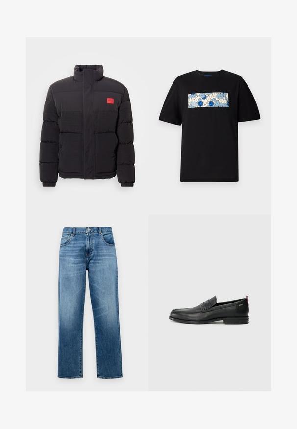Czarna kurtka puchowa z wysokim kołnierzem, przednimi kieszeniami i czerwoną naszywką z logo "HUGO" na lewej piersi.; Czarny bawełniany t-shirt z prostokątną grafiką w niebieskim i kremowym kolorze, z okrągłymi wzorami i rysunkami, zaprojektowany w luźnym fasonie.; Niebieskie dżinsy o prostym kroju, z pięcioma kieszeniami i zapięciem na guziki. Na tkaninie widać delikatne blaknięcie i subtelna fakturę.; Czarne skórzane mokasyny z teksturowanym frontem i gładkimi bokami. Posiadają smukłą podeszwę i tylną pętelkę dla łatwego zakładania. Klasyczny design.