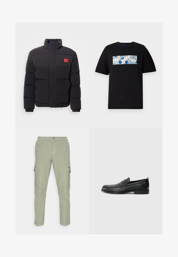 Casaco puffer preto com gola alta, bolsos frontais e patch do logótipo "HUGO" vermelho no lado esquerdo do peito.; T-shirt de algodão preta com um gráfico retangular em azul e creme, adornado com padrões circulares e rabiscos, concebido para um ajuste confortável.; Marc O'Polo DENIM Calças cargo - grus green; Mocassins de couro pretos com um painel frontal texturizado e laterais lisas. Apresentam um salto fino e uma alça na parte de trás para fácil colocação. Design clássico.