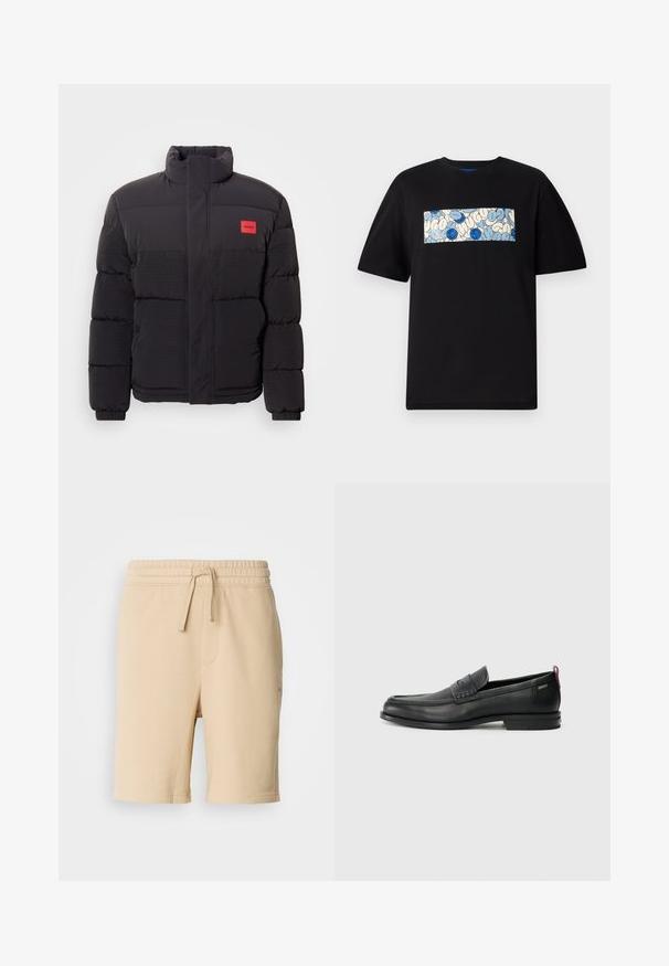 Schwarze Pufferjacke mit hohem Kragen, Fronttaschen und rotem "HUGO"-Logopatch auf der linken Brust.; Schwarzes Baumwoll-T-Shirt mit einem rechteckigen grafischen Design in Blau und Creme, verziert mit kreisförmigen Mustern und Kritzeleien, gestaltet für einen lässigen Schnitt.; Beige Baumwollmischung Shorts mit elastischem Bund, Kordelzugdetails, Seitentasche und geradem Bein. Glatte Textur und einfaches Design.; Schwarze Lederloafers mit einem strukturierten Vorderteil und glatten Seiten. Sie verfügen über einen schmalen Absatz und eine Schlaufe an der Rückseite für einfaches Anziehen. Klassisches Design.