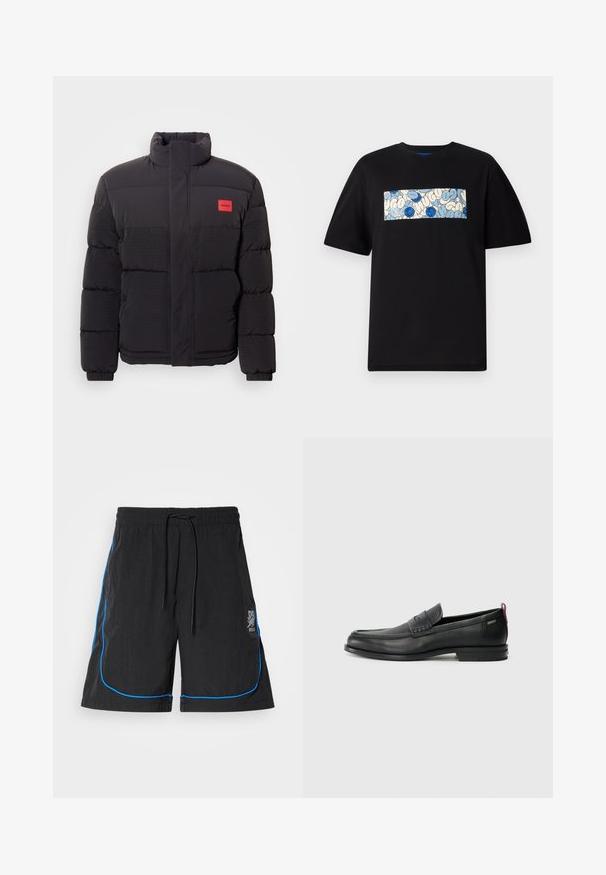 Zwarte pufferjack met hoge kraag, voorzakken en een rode "HUGO" logo patch op de linkerborst.; Zwarte katoenen t-shirt met een rechthoekige grafiek in blauw en crèmekleur met cirkelvormige patronen en krabbels, ontworpen voor een relaxte pasvorm.; Zwarte zwembroek met een trekkoord in de taille, voorzien van blauwe piping langs de naden en een logo op het linkerdij. Lichtgewicht stof.; Zwarte leren instappers met een textuur aan de voorkant en gladde zijden. Voorzien van een slanke hak en een lus aan de achterkant voor gemakkelijk aan- en uittrekken. Klassiek ontwerp.