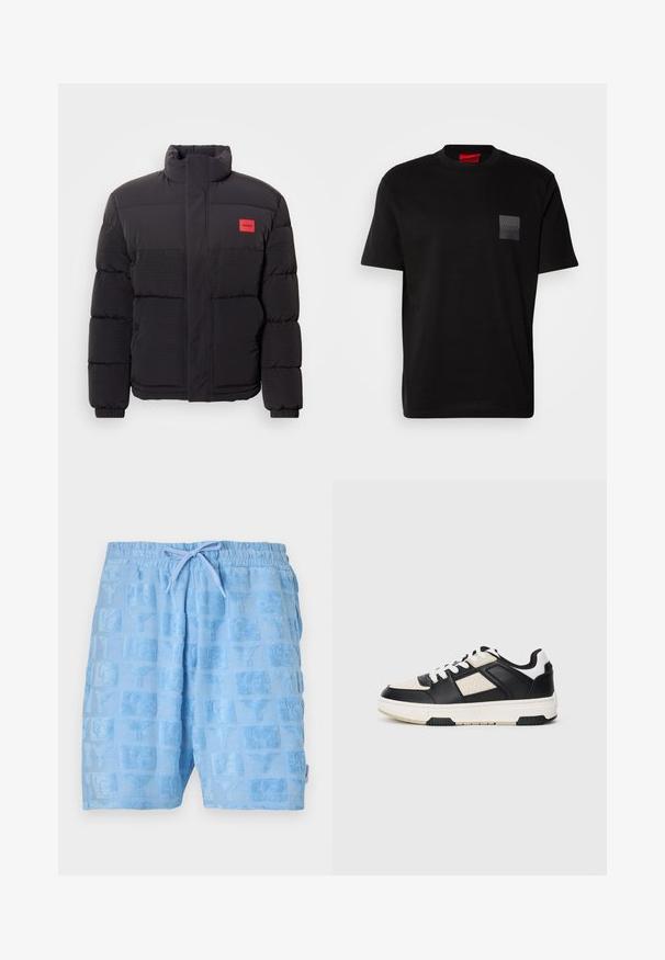 Črna puffer jakna z visokim ovratnikom, sprednjimi žepi in rdečim logotipom "HUGO" na levi prsi.; Črna bombažna majica s kratkimi rokavi in okroglim ovratnikom, z označeno teksturirano črno nalepko na levem prsnem delu. Ohlapen kroj.; Svetlo modri šortsi iz teksturiranega blaga s kvadratnim vzorcem, ki ima izbočene vzorce. Elastičen pas z vrvico.; Črne in kremne superge z strukturiranim usnjem, zaobljenim prstom, belimi vezalkami in debelim belim podplatom z črnimi detajli.