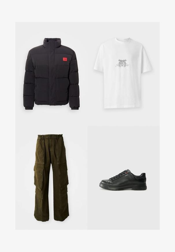 Doudoune noire avec col haut, poches avant et patch logo rouge "HUGO" sur la poitrine gauche.; T-shirt en coton blanc avec un col rond, des manches courtes et un design graphique floral noir présentant "HUGO" au centre.; Pantalons cargo en vert olive foncé, fabriqués en coton texturé. Dotés d'une taille élastique, de plusieurs poches latérales et d'une coupe ample.; Sneaker en cuir noir avec une tige texturée, un col rembourré et un détail de logo rouge. Caractéristiques d'une épaisse semelle en caoutchouc avec un motif de semelle distinct.