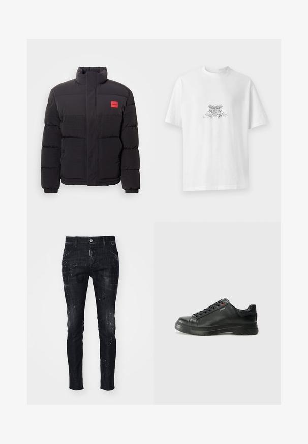 Casaco puffer preto com gola alta, bolsos frontais e patch do logótipo "HUGO" vermelho no lado esquerdo do peito.; T-shirt branca de algodão com decote redondo, mangas curtas e um design gráfico floral preto com "HUGO" ao centro.; Calças de ganga pretas com um corte slim, textura desgastada, acentos de respingos de tinta e estampas gráficas ousadas na parte da frente.; Sapatilha preta em couro com parte superior texturizada, colarinho acolchoado e detalhe do logótipo vermelho. Apresenta uma sola de borracha espessa com padrão de pisada distinto.