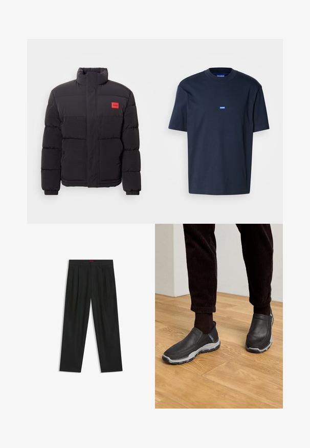 Schwarze Pufferjacke mit hohem Kragen, Fronttaschen und rotem "HUGO"-Logopatch auf der linken Brust.; Marineblaue Baumwollt-shirt mit Rundhalsausschnitt, kurzen Ärmeln und einem kleinen blauen Logo auf der Brust. Glatte Textur, entspannte Passform.; Schwarze Hose mit einem gefältelten Design, weiter Beinform und glatter Textur. Verfügt über ein rotes Taillenlabel.; Schwarze Slipper aus strukturiertem Leder mit grauer Gummisohle, auf einem Holzfußboden und zu einer Cordhose arrangiert.