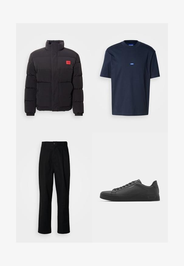 Svart dunjakke med høy krage, frontlommer, og rød "HUGO" logo-patch på venstre bryst.; Marineblå bomulls t-skjorte med rund hals, kort erme og en liten blå logo på brystet. Glatt tekstur, avslappet passform.; Sorte bukser med rette ben, med knappet liv, belteholdere og frontfold, vist mot en enkel hvit bakgrunn.; Svart sneaker med glatt syntetisk overdel, rund tå, flate snører og ribbet gummisåle. Minimalistisk design med quiltede detaljer.