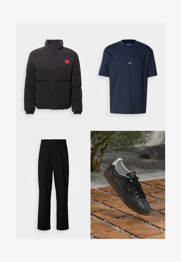 Jachetă pufoasă neagră cu guler înalt, buzunare frontale și patch cu logo roșu "HUGO" pe pieptul stâng.; Tricou din bumbac de culoare bleumarin, cu gât rotund, mâneci scurte și un mic logo albastru pe piept. Textură netedă, croială lejeră.; Pantaloni negri cu croială dreaptă, cu talie cu nasturi, bucle pentru curea și cute pe față, prezentati pe un fundal alb simplu.; Adidași din piele neagră cu accente albe, design cu șireturi, vârf din suede de culoare verde oliu și logo-ul auriu "BOSS". Poziționați deasupra plăcilor de lemn cu pietriș.