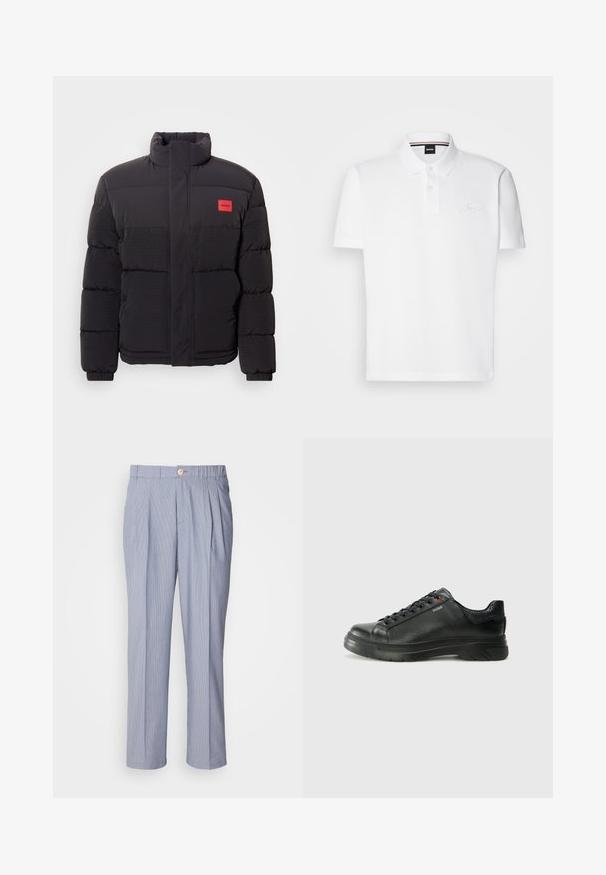 Doudoune noire avec col haut, poches avant et patch logo rouge "HUGO" sur la poitrine gauche.; Polo shirt blanc en mélange de coton et polyester, doté d'un col, d'une patte de boutonnage à deux boutons et d'un logo brodé discret sur la poitrine.; Pantalons rayés en bleu clair et blanc, dotés d'une fermeture à bouton, d'un devant plié et d'une coupe droite. Texture de tissu lisse.; Sneaker en cuir noir avec une tige texturée, un col rembourré et un détail de logo rouge. Caractéristiques d'une épaisse semelle en caoutchouc avec un motif de semelle distinct.