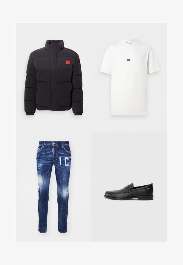 Black puffer jacket with high collar, front pockets, and red "HUGO" logo patch on left chest.; White short-sleeve T-shirt with a small blue rectangular logo reading "HUGO" centered on the chest, plain background.; Blue denim jeans with a slim fit, featuring distressed details, white paint splatters, and bold "IC" lettering on the front.; Black leather loafers with a textured front panel and smooth sides. Features a slim heel and rear loop for easy wear. Classic design.