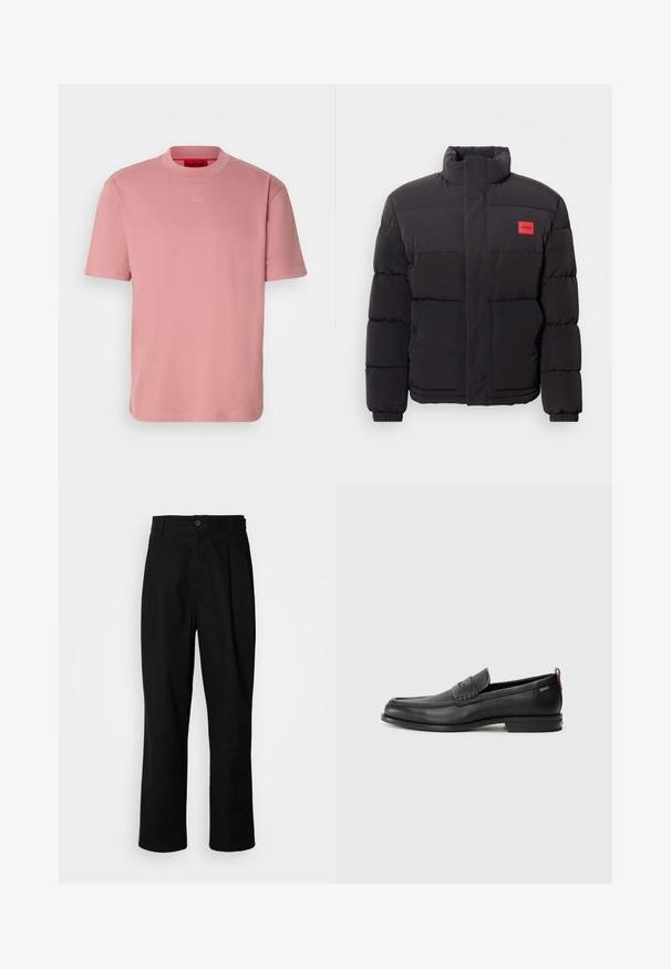 Sort puffjakke med højt krave, forlommer og rød "HUGO" logo patch på venstre bryst.; Pink bomulds T-shirt med rund halsudskæring, korte ærmer og et lille hvidt logo "HUGO" centreret på brystet. Glat tekstur.; Sorte lige ben bukser med en knaplukket talje, bæltestropper og en frontfold, præsenteret mod en ensfarvet hvid baggrund.; Sorte læder loafers med en tekstureret frontpanel og glatte sider. Har en slank hæl og en bageste løkke til nem påtagning. Klassisk design.