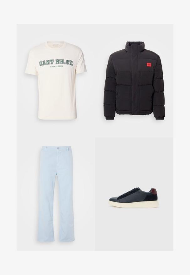 Črna puffer jakna z visokim ovratnikom, sprednjimi žepi in rdečim logotipom "HUGO" na levi prsi.; Kremna bombažna majica s kratkimi rokavi in okroglim izrezom. Spredaj je napisano "GANT NH. CT." in "SPORTS CLUB" v zeleni in črni barvi.; Svijetloplave pamučne hlače ravnog kroja, s prednjim zatvaranjem na dugme i bočnim džepovima. Glatka tekstura i minimalni detalji šivanja.; Nizke moške tenisice iz črnega usnja in semiša z vijoličnim petnim delom in belim gumijastim podplatom, prikazane s sprednje strani.