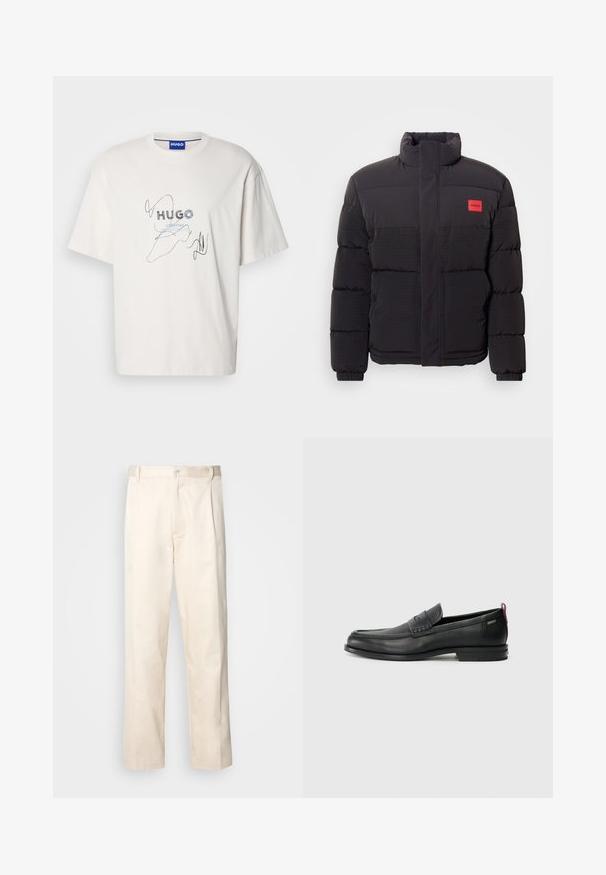 Must must, kõrge kraega, esikottidega ja vasakul rinnal punase "HUGO" logopatchiga.; Valge puuvillane T-särk, millel on sinine ja must trükitud logo ning kunstilised jooned. Ümmargune kaelus ja lühikesed varrukad.; Beesidised puuvillased püksid sirge jala lõikega, mis on varustatud nööpkinnituse ja ees olevate voltidega, et lisada detaili.; Mustad mustad nahast loafers tekstuuriga esipaneeli ja siledate külgedega. Omab peent kand ja tagumist silmust lihtsaks selga panemiseks. Klassikaline disain.