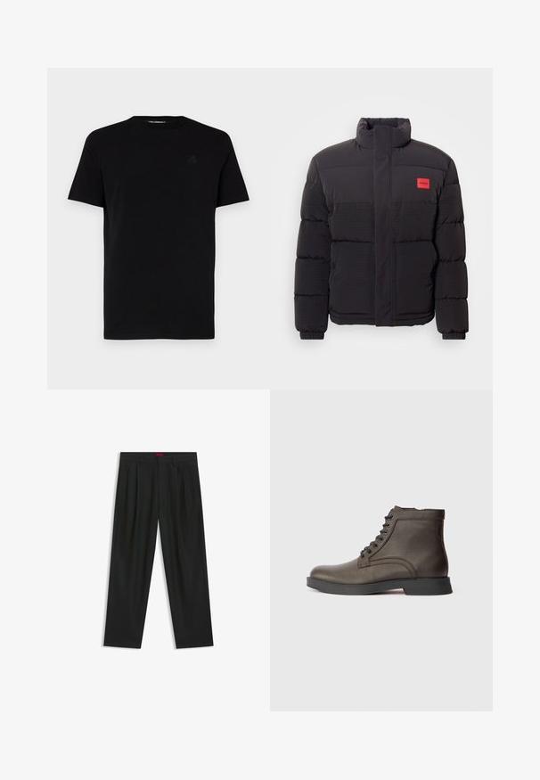 Black puffer jacket with high collar, front pockets, and red "HUGO" logo patch on left chest.; Black short-sleeve t-shirt made of cotton, featuring a crew neck and a subtle embossed logo on the left chest. Smooth texture.; Black trousers with a pleated design, wide leg shape, and a smooth texture. Features a red waistband tag.; Brown leather ankle boots with a textured finish, round toe, and lace-up design. Includes a black rubber sole for stability.
