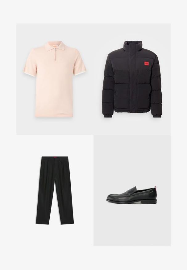 Schwarze Pufferjacke mit hohem Kragen, Fronttaschen und rotem "HUGO"-Logopatch auf der linken Brust.; Polohemd aus hellrosa Stoff mit kurzem Reißverschluss und kontrastierenden weißen Akzenten an den Ärmeln und dem Kragen.; Schwarze Hose mit einem gefältelten Design, weiter Beinform und glatter Textur. Verfügt über ein rotes Taillenlabel.; Schwarze Lederloafers mit einem strukturierten Vorderteil und glatten Seiten. Sie verfügen über einen schmalen Absatz und eine Schlaufe an der Rückseite für einfaches Anziehen. Klassisches Design.