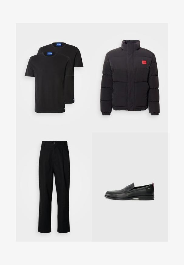 Juodas pūkuotas švarkas su aukštu klausimu, priekinėmis kišenėmis ir raudona "HUGO" logotipo etiketė kairėje krūtinės pusėje.; Du penkių juodų medvilninių marškinėlių su apvaliais iškirpimais, trumpomis rankovėmis ir mėlynais "HUGO" etiketėmis ant apykaklių ir šoninių kraštų.; Juodas tiesus kojų kelnes su sagomis juosmenyje, diržo kilpomis ir priekine raukšle, parodytas prieš paprastą baltą foną.; Juodi odiniai loafersai su tekstūruotu priekinės dalies panele ir lygiomis šoninėmis dalimis. Yra plonas kulnas ir užpakalinė kilpa patogiam užsidėjimui. Klasikinis dizainas.